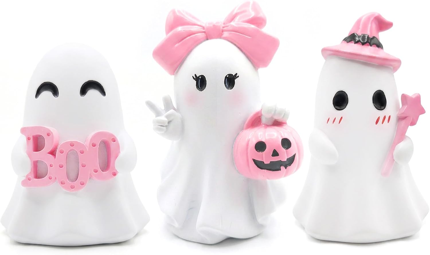 Stylor 3 Pcs Pink Halloween Ghost Figurines Decor - Cute Kawaii Pastel Halloween Decor with Pumpkin, Small Resin Desk Statue Decorations for Tiered Tray, Gifts for Women
