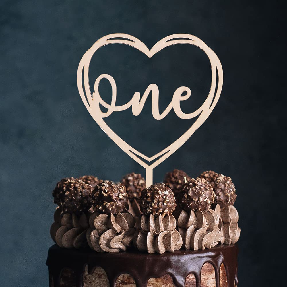 Wooden "ONE" Cake Topper - Heart Style First Birthday Decoration For Cakes, Photo Props, Baby Shower - View #2