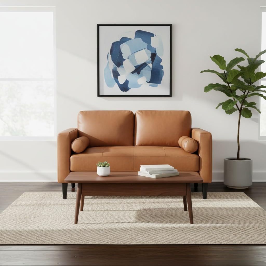 Naomi Home Mid-Century Top Grain Genuine Leather Loveseat, Love Seat Sofa, Love Seats Furniture for Small Spaces, Modern Loveseats Sofas for Living Room, Bedroom - Tan
