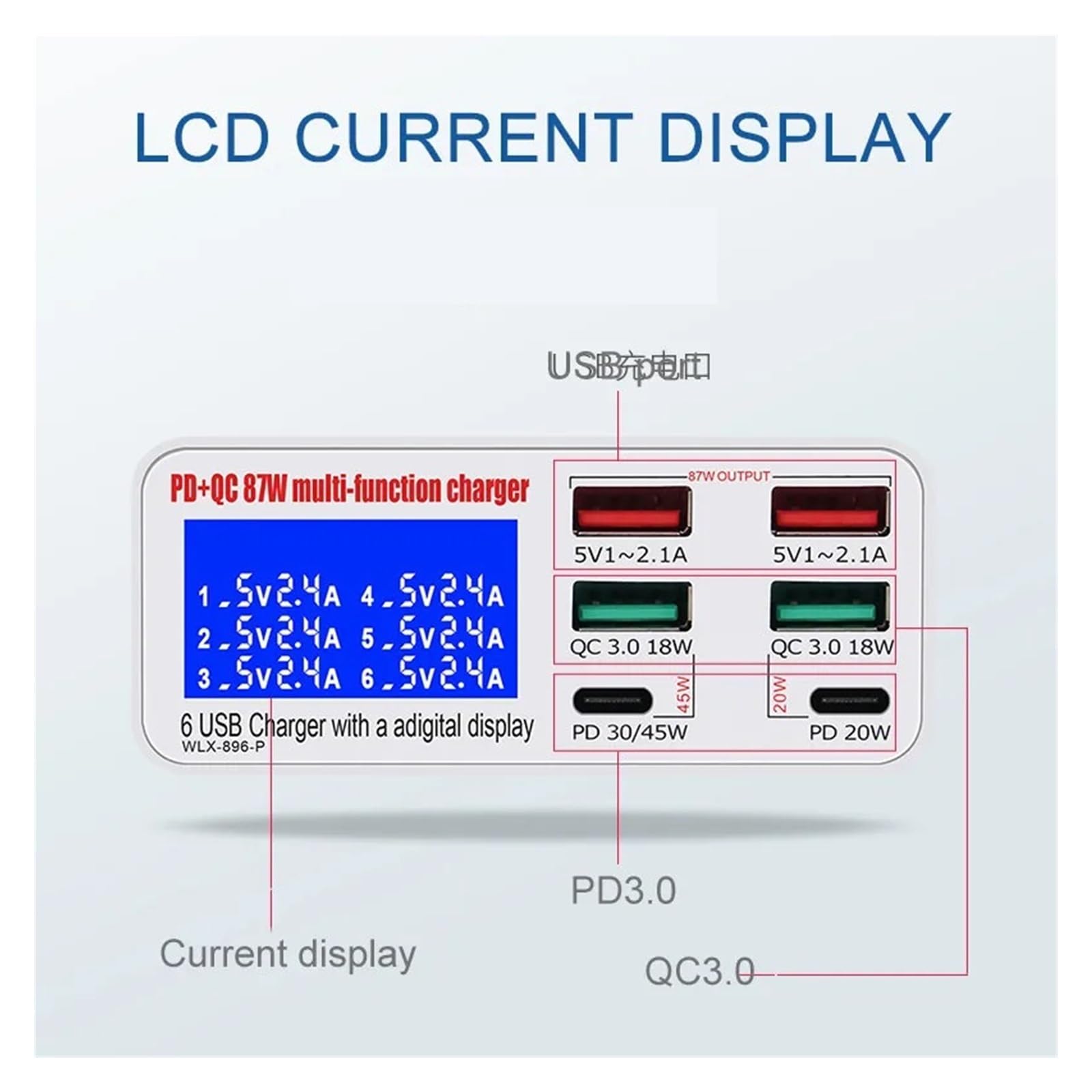 6 Cargador USB HUB Rápido Puertos Multipuertos Estación De Carga Pantalla LED For Teléfonos Inteligentes Capacidad De Carga RáPida
