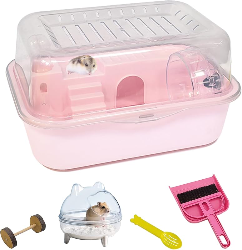 Hamiledyi Dwarf Hamster Cage Clear Plastic Small Hamster Cage Portable Carrier with Water Bottle Exercise Wheel Bathtub Box Set Toy for Dwarf Baby Hamster (Pink)