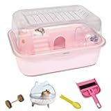 Hamiledyi Dwarf Hamster Cage Clear Plastic Small Hamster Cage Portable Carrier with Water Bottle Exercise Wheel Bathtub Box Set Toy for Dwarf Baby Hamster (Pink)