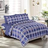 EMME Queen Comforter Set with Sheets, 7 Piece Queen Size Bedding Sets, All Season Plaid Bedspread Bed Set with 1 Comforter, 1 Flat Sheet, 2 Pillowcases and 2 Pillow Shams