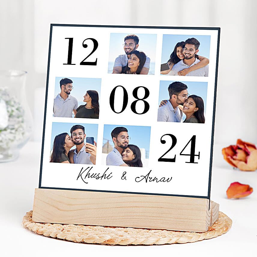 fnp Personalised Date Collage Photo Frame with Wooden Stand | Custom Multi Photo Couple Frame | Valentine Gift for Girlfri