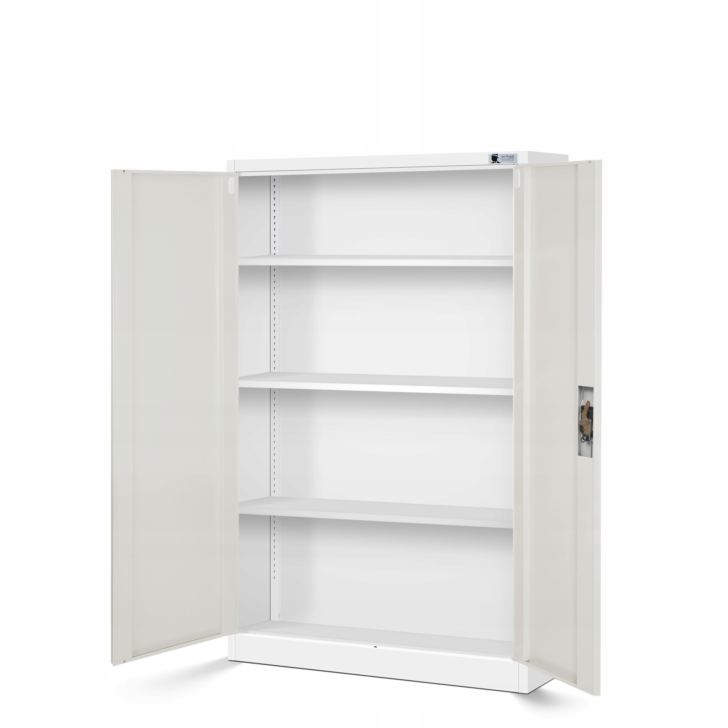Jan Nowak Armoire de Bureau Métallique C001K 3 Etagères Tôle d'acier Portes Battantes Verrouillable 140 cm x 90 cm x 40 cm (Blanc/Imitation Bois)