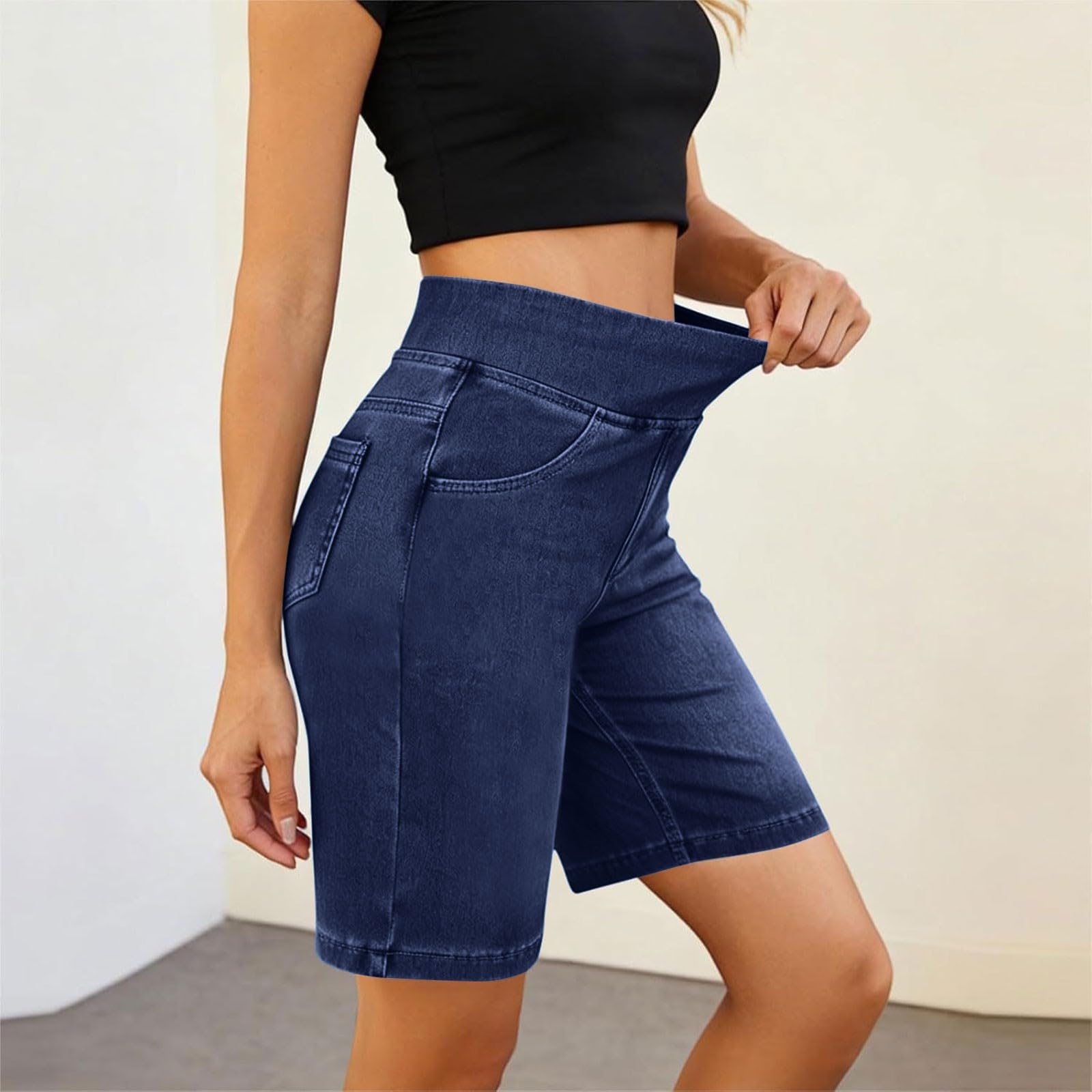 Jeans da donna in denim, pantaloni corti in cotone elasticizzato, a tinta unita, estivi, comodi, per il tempo libero, a gamba dritta, con tasche, pantaloni sportivi
