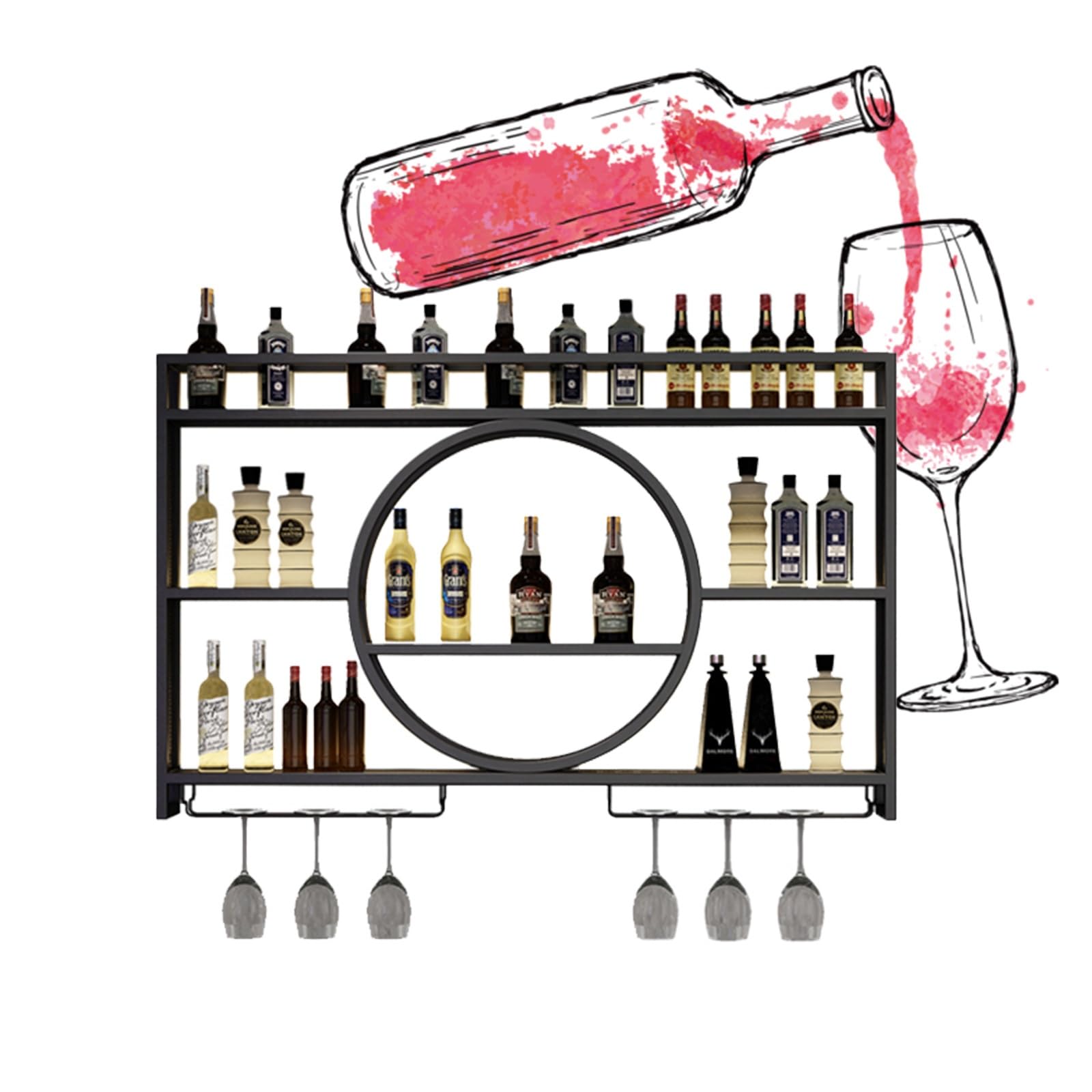 Porte-bouteilles et verres mural en métal noir de 100x80 cm pour rangement cuisine