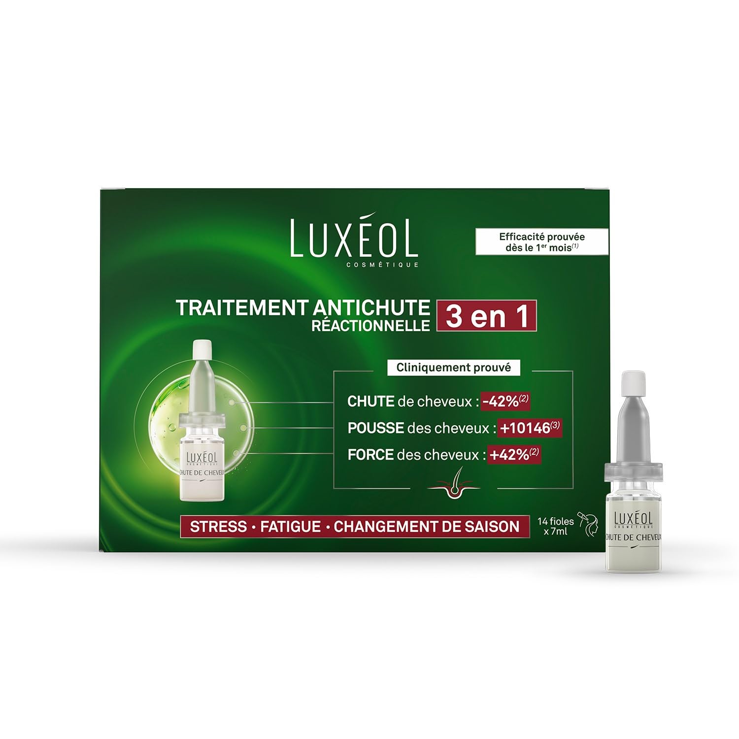 LUXEOL - Reakcyjne wypadanie włosów 2 w 1 - Wspomaga wzrost i zmniejsza wypadanie włosów - stres i zmęczenie - keratyna - program do włosów 1 miesiąc - 14 fiolek 7ml