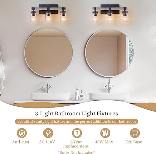 Miniatura 4 de Lámparas de baño de 3 luces, aplique de pared moderno negro, luces de tocador de granja con tarro de vidrio transparente, lámpara de pared para