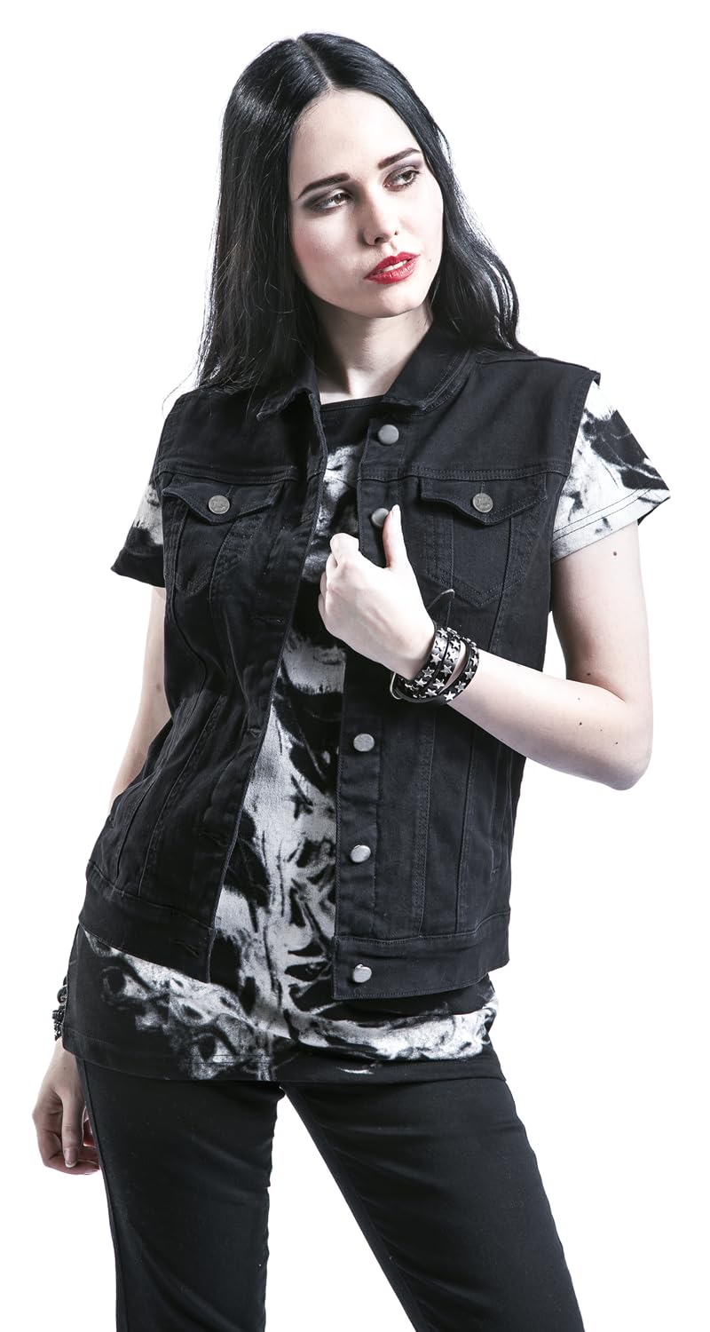 Black Premium by EMP Donna Gilet di jeans nero senza maniche con colletto della camicia