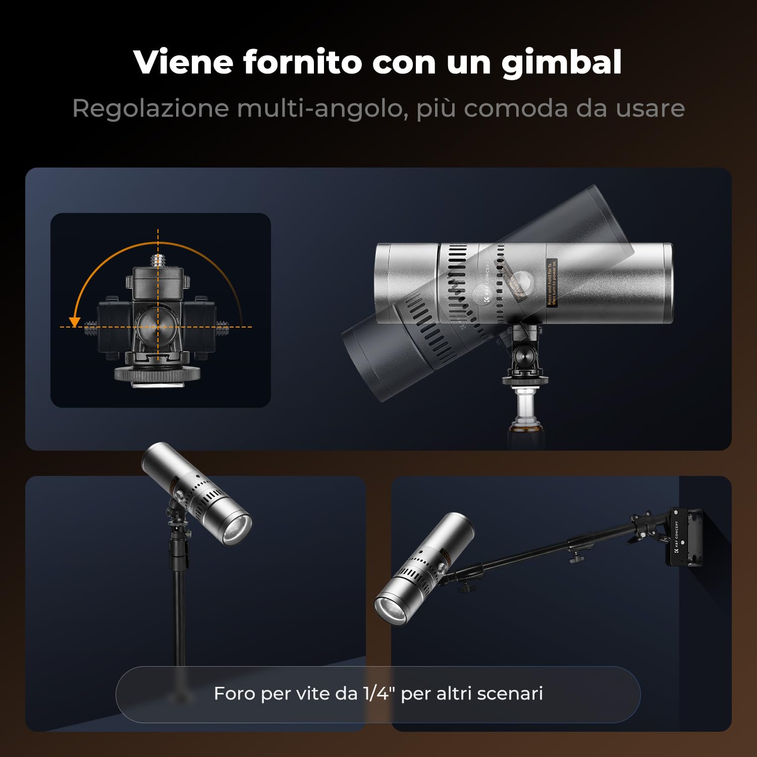 K&F CONCEPT SP25C Torcia LED RGB con gimbal, 25W 9000mAh luce GOBO fai da te dimmerabile e zoomabile, 20 filtri luminosi per light ambientale fotografica, luce riempitiva tramonto, ricarica rapida 30W