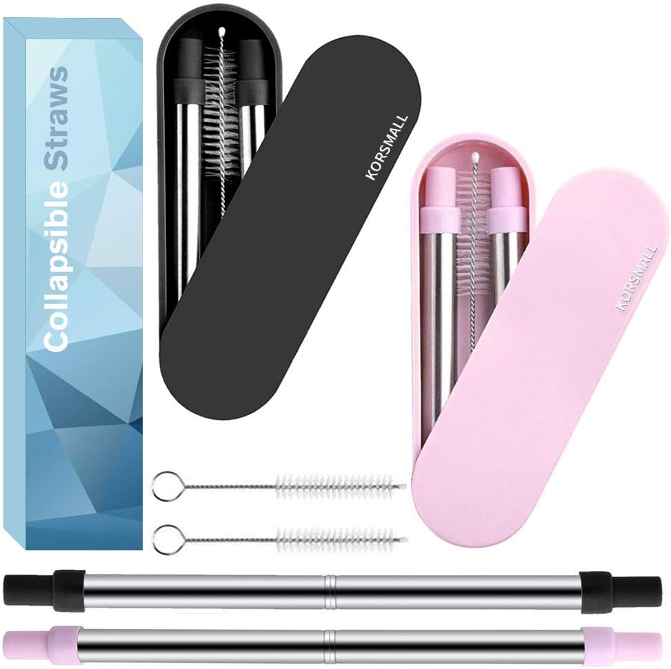 Reusable Metal Collapsible, Telescopic 304 Food-Grade Stainless Steel Straws with Hard Case Holder and Cleaning Brush for Travel Household(2Pack-Black&Pink)