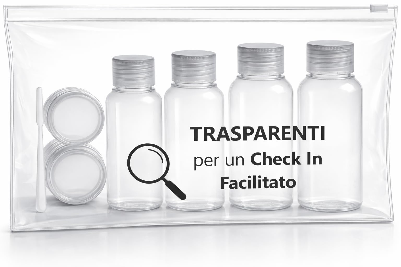 7 PZ Kit Viaggio Liquidi BENESSERE In Linea® - kit Liquidi Aereo - kit viaggio aereo - Travel kit 100 ml - Porta Liquidi da viaggio aereo - 2 flaconi 100 ml + 2 flaconi 50 ml + 2 Porta Crema / Lenti