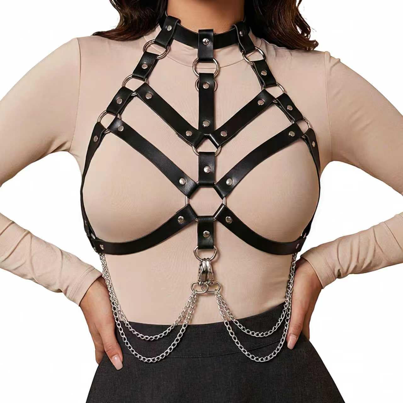 Black Leather Harness for Women, Punk Body Chest Harness with Chains, Adjustable Strappy Cage Bra Top for Rave Festival Clubwear