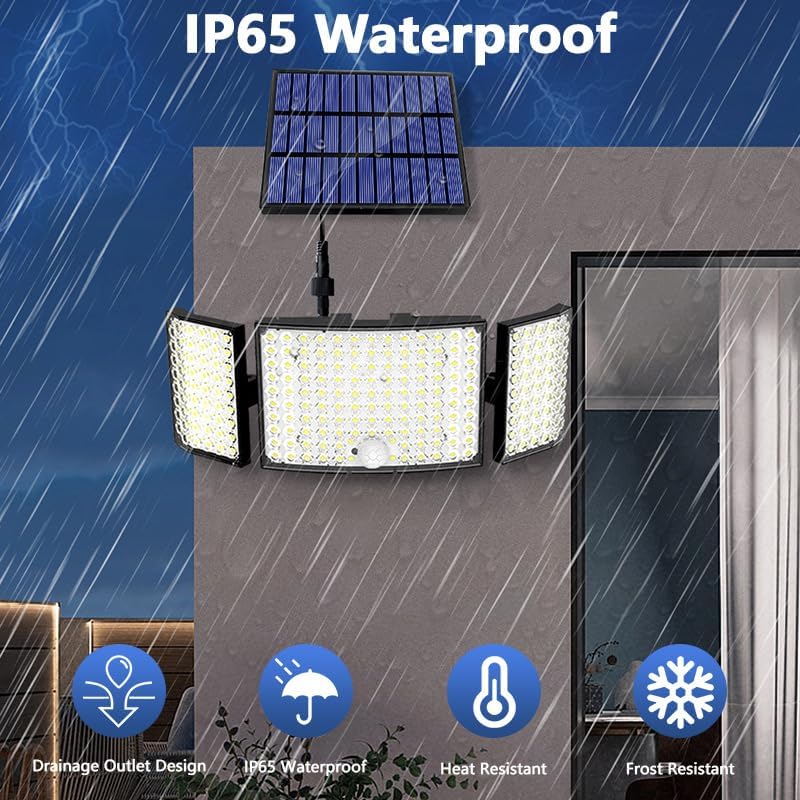Miniatura 2 de Luces solares para exteriores, 328 luces LED de seguridad alimentadas por energía solar con 3 cabezales, lámpara de pared con sensor de movimiento