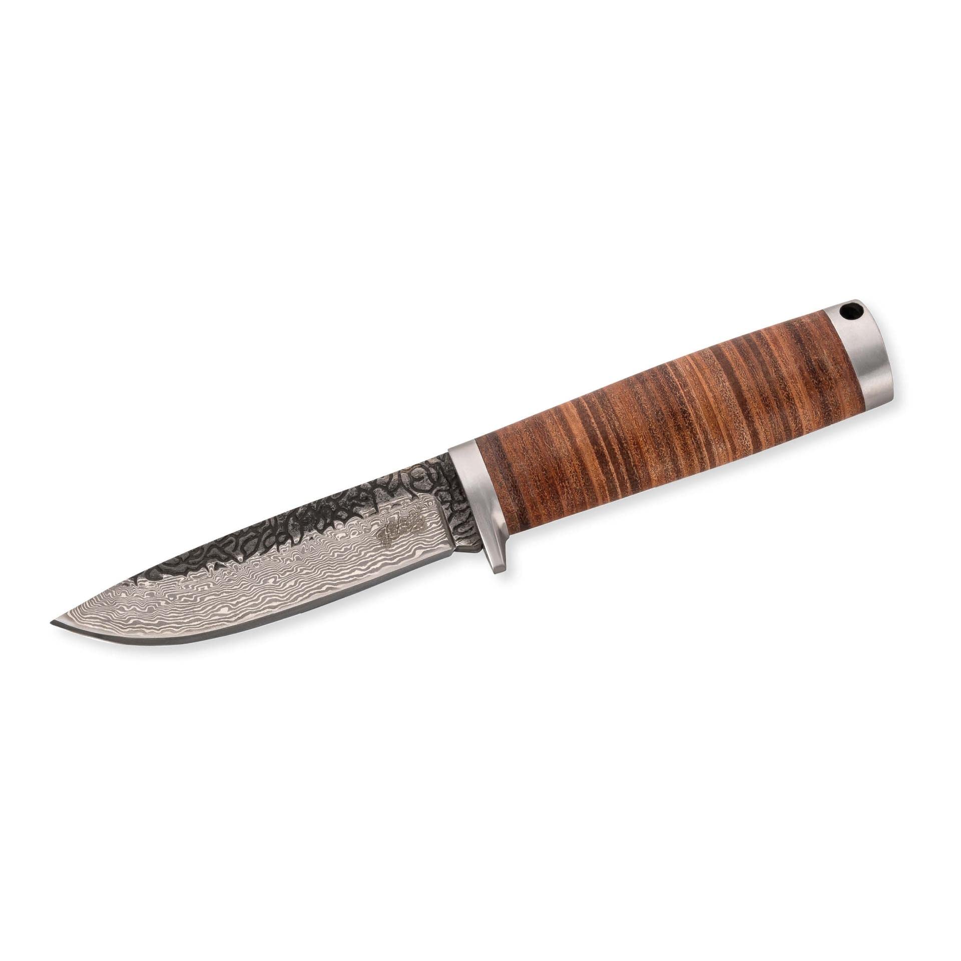 Herbertz Gürtelmesser – Damast, feststehende Klinge mit brauner Lederscheide