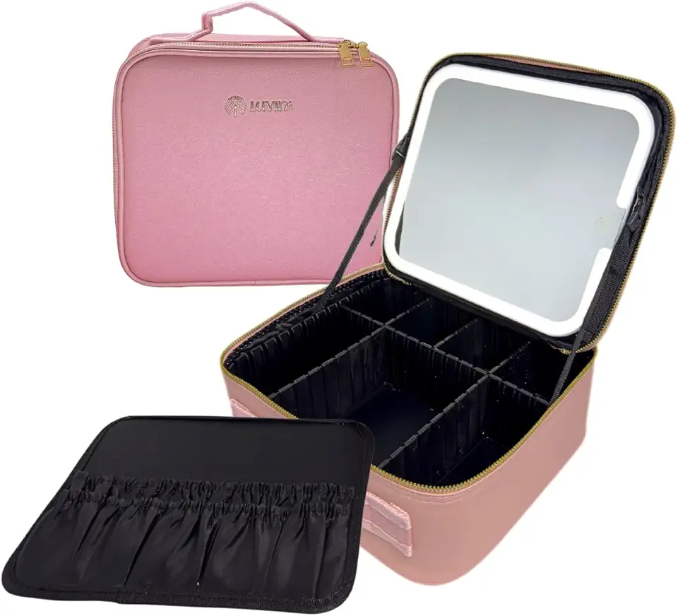 Maleta Maquiagem Necessaire De Couro Com Espelho Led Personalizável - Ledbag bolsa organizadora - LuvinCo (Rosa)