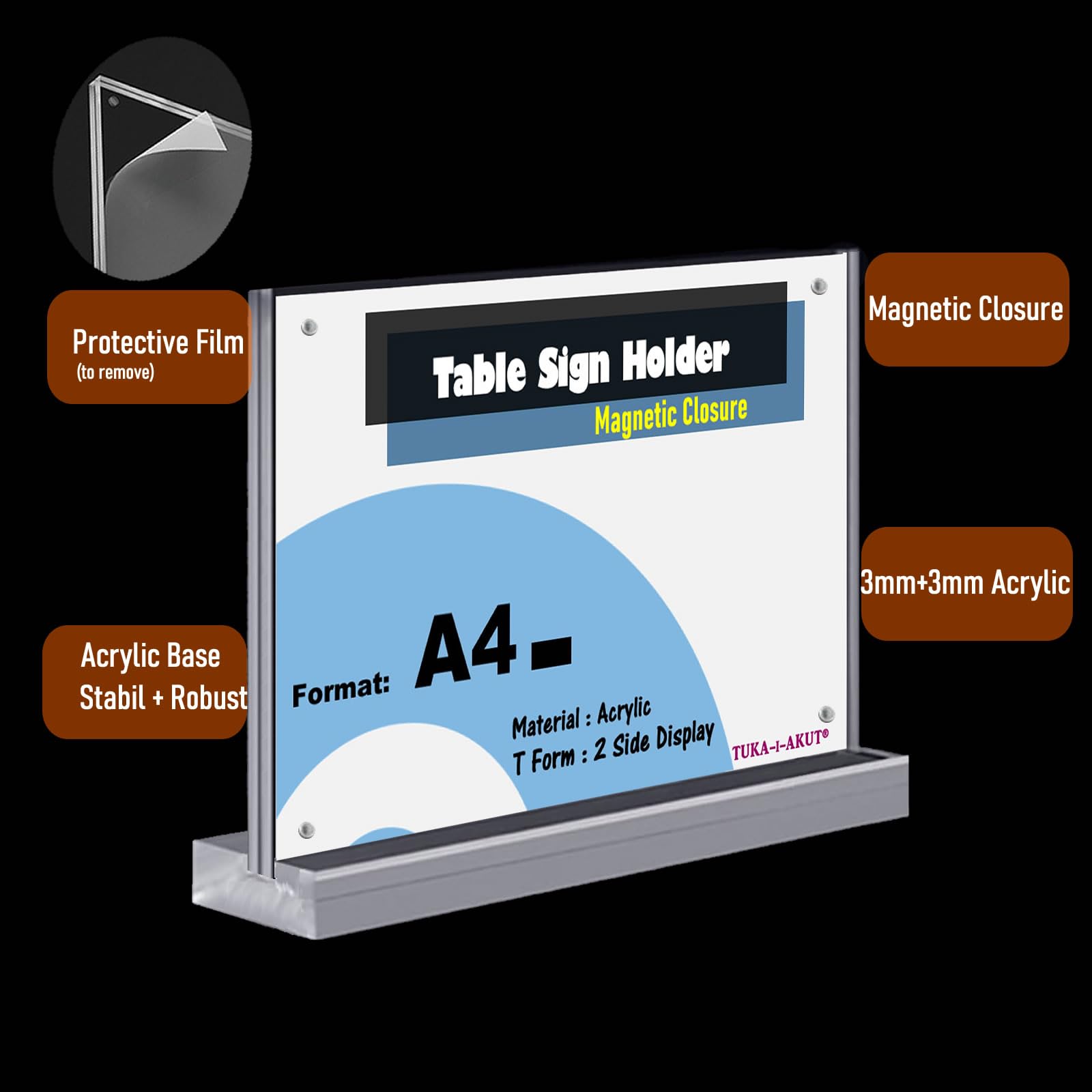 TUKA-i-AKUT 5X A4 Acrilico Porta Menu da Tavolo, Chiusura Magnetica, Bifacciale T Supporto, Base Acrilica, Espositore Pubblicitario per Carta Brochure Foto Cartellino, Orizzontale TKD8241-A4-W-5x