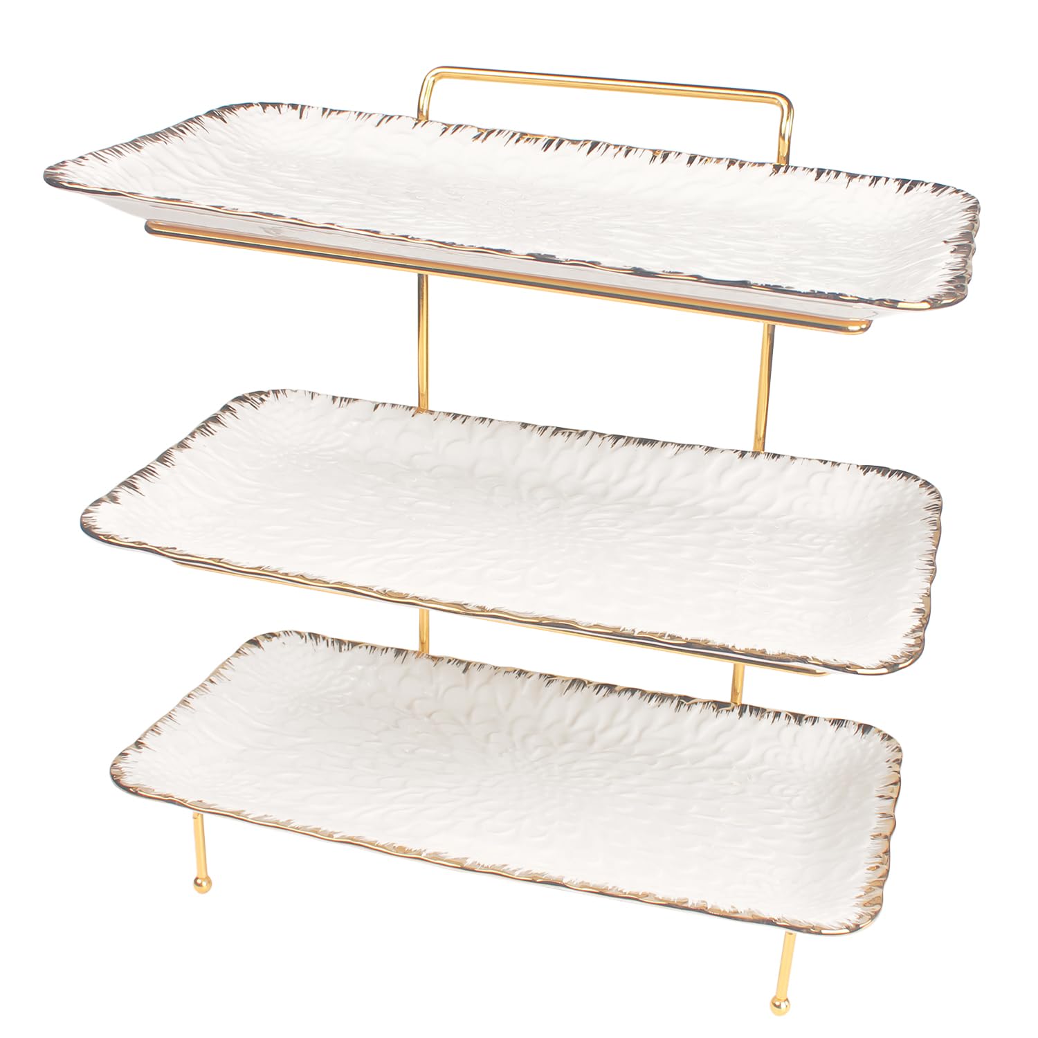 LIUYWYHCF 3-Tier Serving Rack with Ceramic Serving Tray, Foldable Gold Stand with 3 Pieces 14 Inch Gold Rim Large Plates for Food Display, Fruit, Dessert Server Display and Entertaining