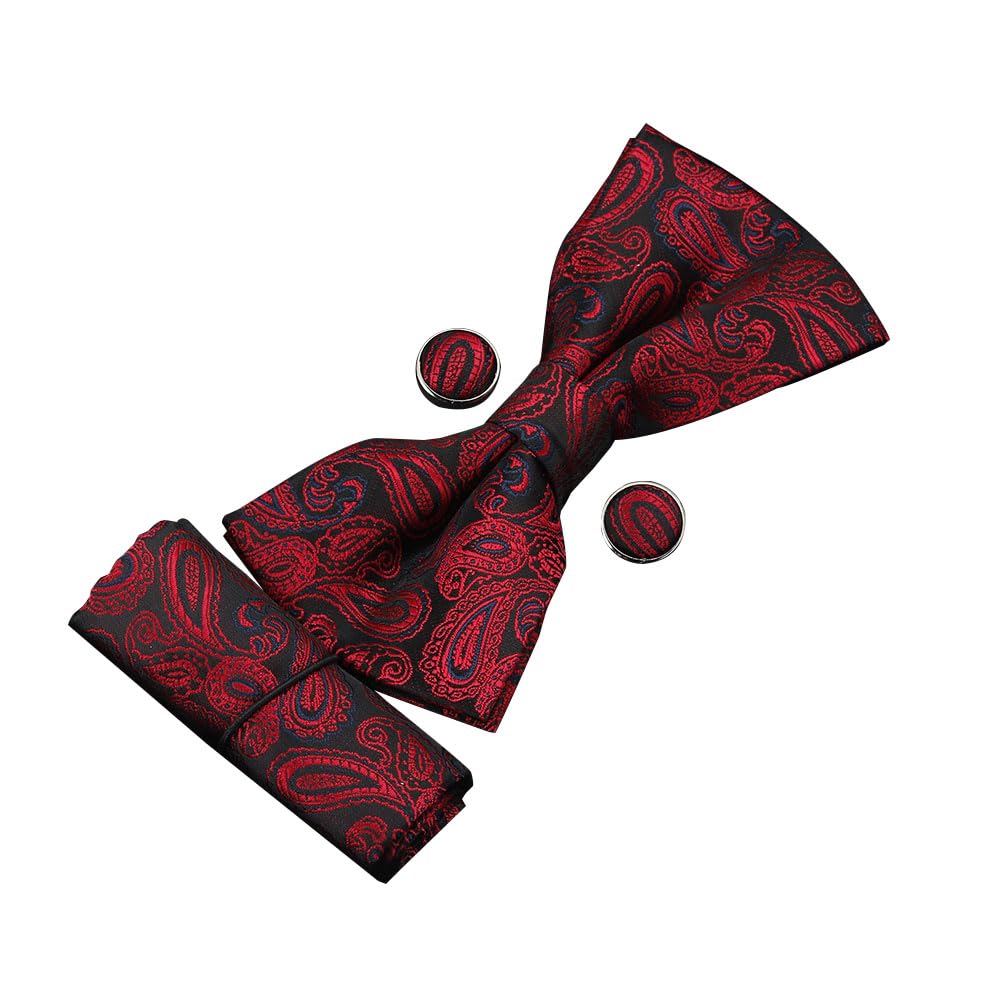 JZSMen Bow Tie Paisley Striped Pre-Tied Bowties Pocket Square Cufflinks Set Wedding Formal Party Prom