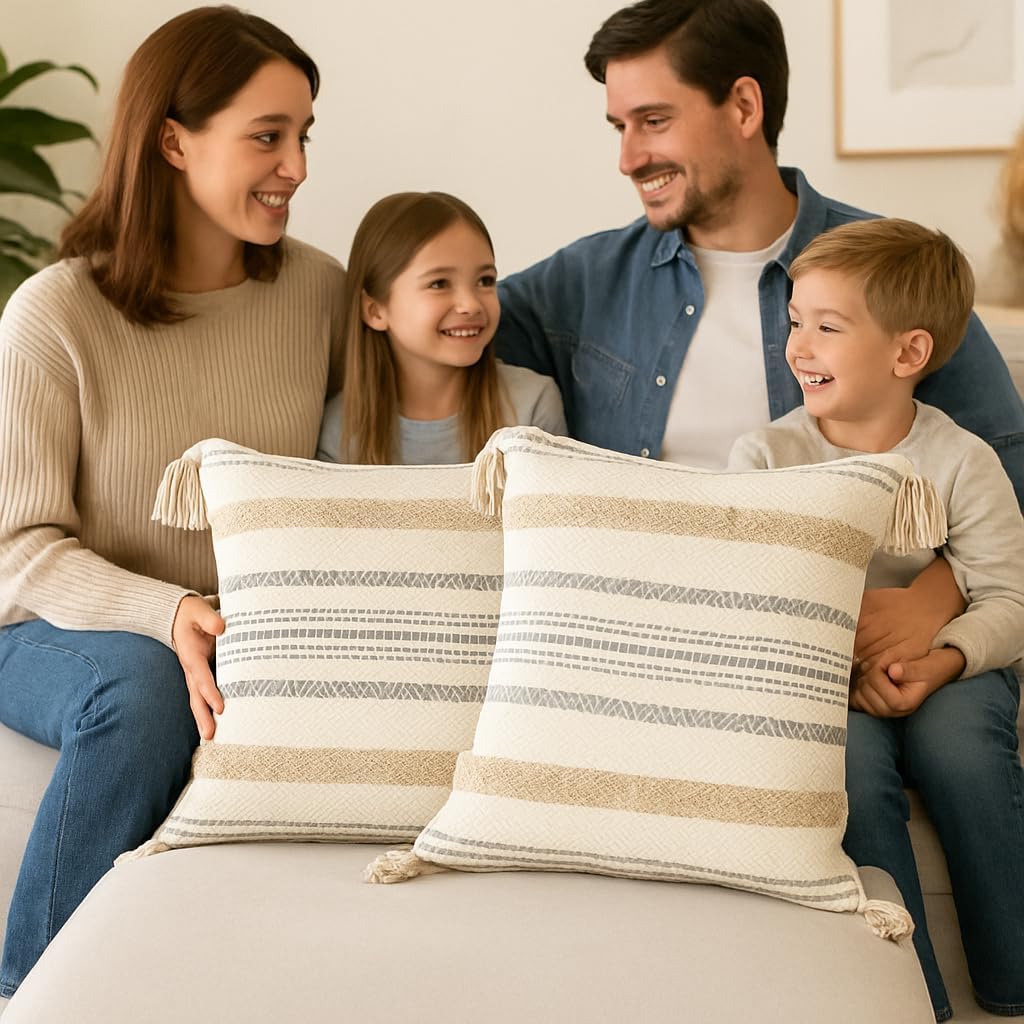 Boho Throw Pillow Covers 18x18 Set of 2, Woven Tufted Farmhouse Pillows with Tassels, Textured Striped Cushion Cases, Neutral Beige Decorative Pillow Covers for Sofa, Couch, Bed, Modern Home Decor