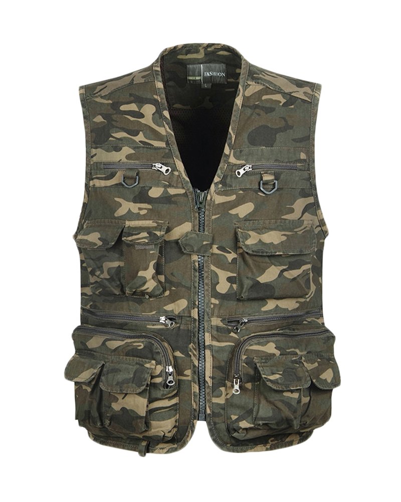 Uomo Outdoor Multi-Intascato Caccia E Gilet da Pescatore Colletto A V Zip Camuffamento Gilet Multifunzionale