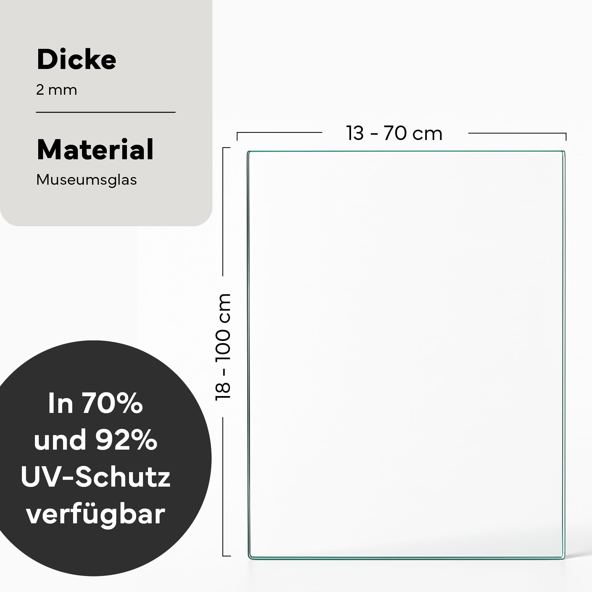 Verre musée de 2 mm - Découpe sur mesure - Plaque en verre avec 92 % de protection UV - Pour cadre photo de 18 x 24 cm à 70 x 100 cm - Verre pour photos et art - Fabriqué avec précision et emballé en