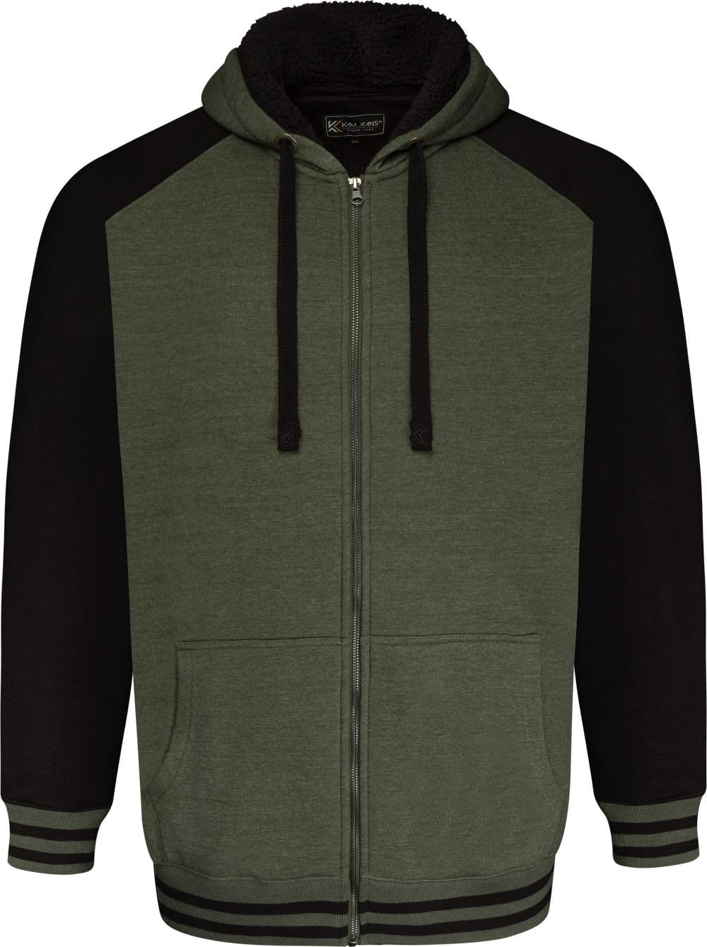 Kam Men's Green Zip Through Sherpa Lined Raglan Hoodie - 8XL