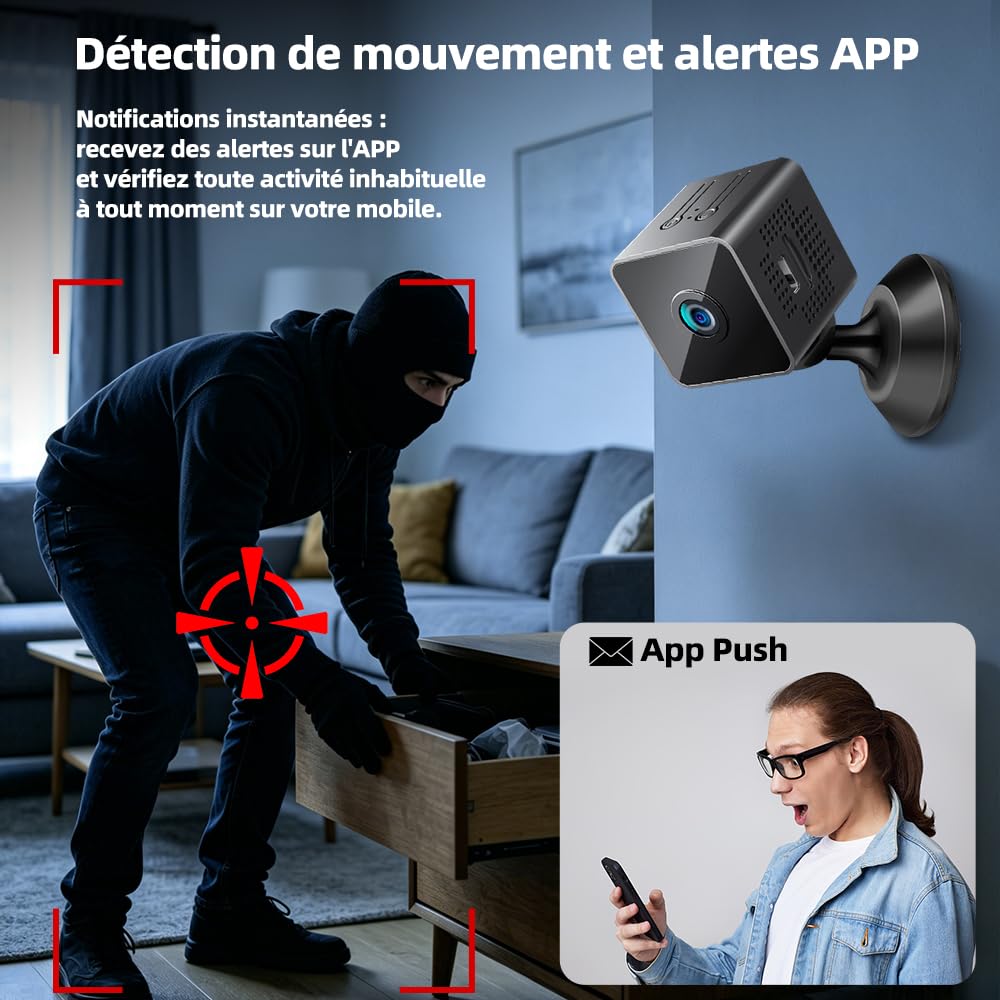 Mini Caméra Espion WiFi 1080P Full HD, Caméra de Surveillance Intérieure Discrète avec Détection de Mouvement et Vision Nocturne, Petite Caméra Connectée pour Bébé, Maison, Bureau et Auto, Noir