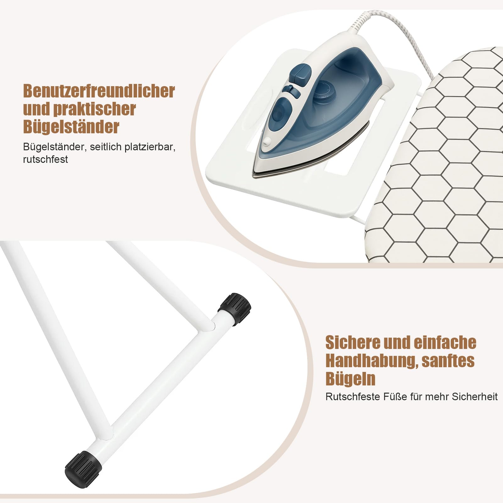AllRight Bügelbrett 7-Fach höhenverstellbar Klappbares Dampfbügelbrett mit Metallgitter mit Antirutschfüßen Bügelbrett für Dampfbügelstation (Weißes Karomuster)