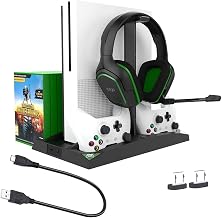 TwiHill Base de resfriamento multifuncional 6 em 1 adequada para ventilador de resfriamento de suporte de radiador XBOX one/S/X + rack de disco + carregador duplo, Acessórios para XBOX one