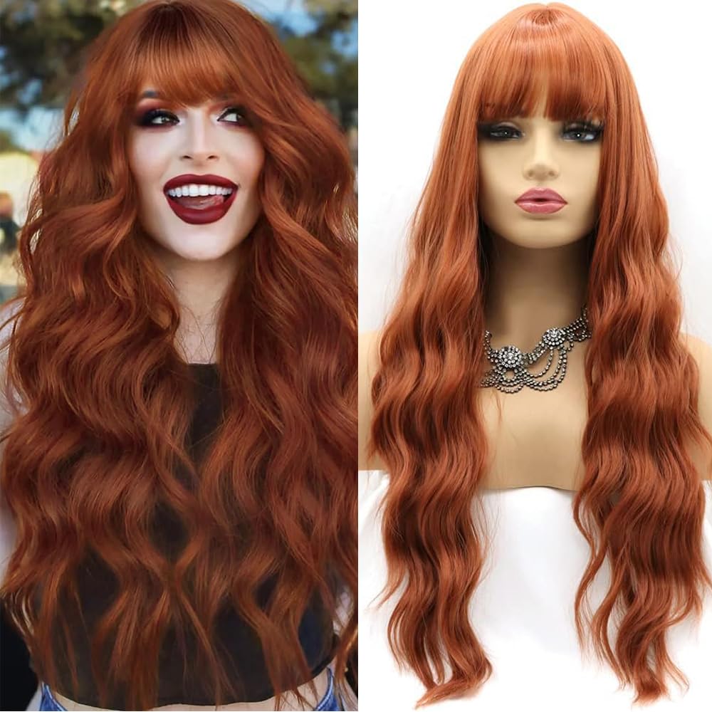 Xiweiya Wigs Long Curly Copper Red Lace Wig with Air Bangs Hair Length Synthetic Wave Heat Resistant Fiber Wigs Middle Parting for Women Drag Queen Cosplay Makeup (with U Part Lace)