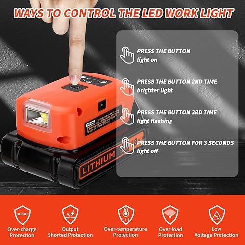 Miniatura 6 de Cargador adaptador de batería para batería Black & Decker de iones de litio de 20 V, fuente de alimentación con luz LED de 3 W 140 LM, 2 puertos