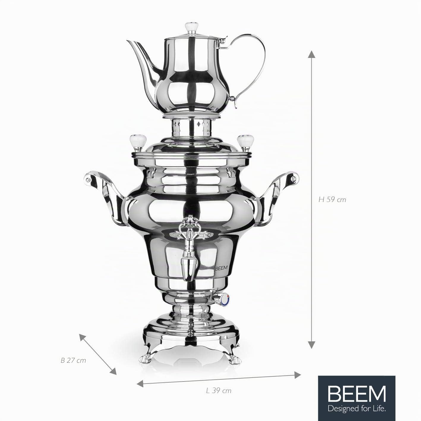 BEEM SAMOWAR Rebecca - 5 l, Teekocher elektrisch, Edelstahl, 5 l Wasserbehälter, 1,3 l Teekanne, Privat, Hotel & Gastro geeignet, Silber