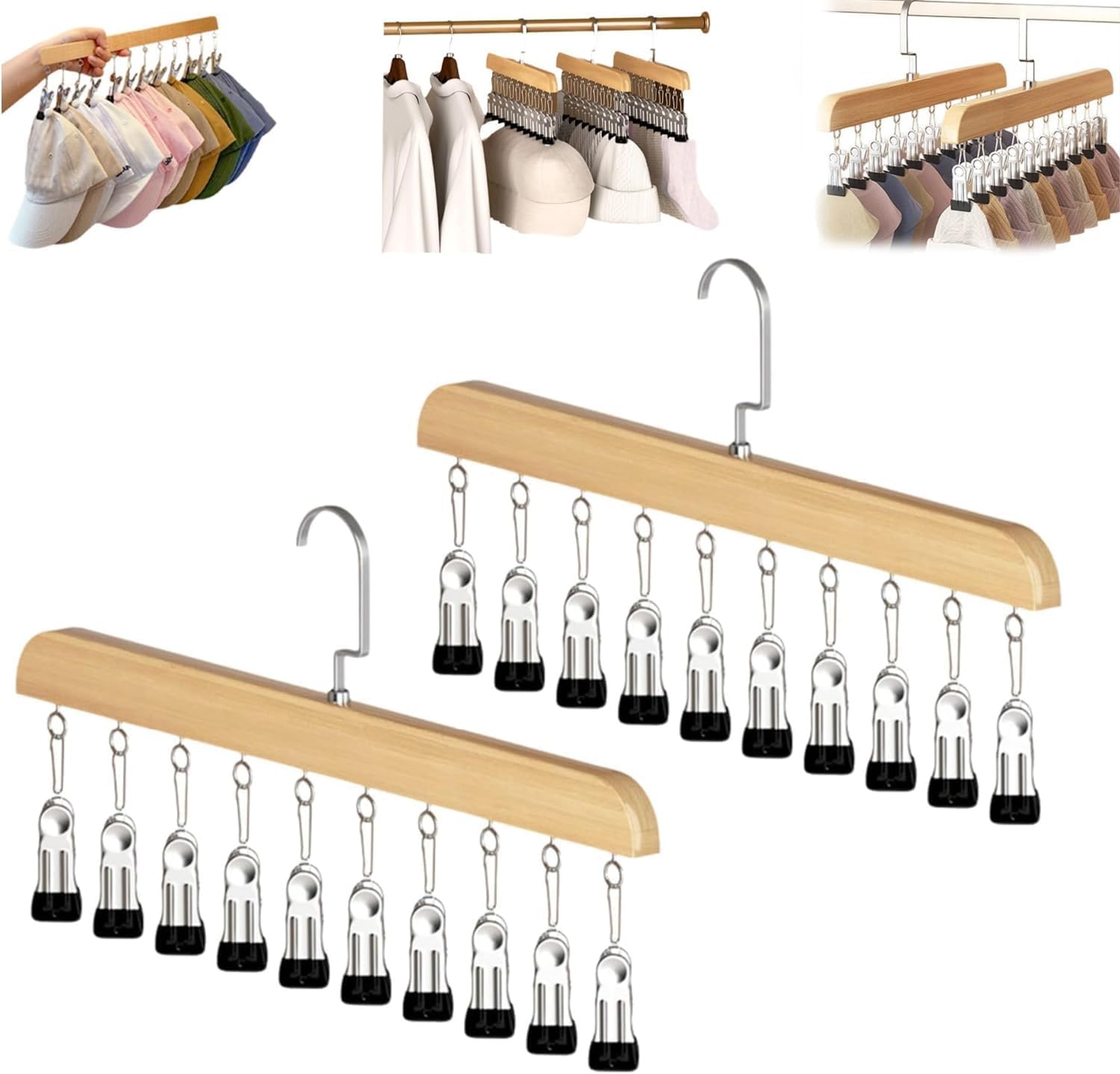 Closet Organizer with 10 Clips, 2026 NEW Space Saving Hanging Closet Organizer, Space-Saving Hat Scarf Clothespins for Jeans Skirts Socks Pant Hangers with Clips (2, Vintage)