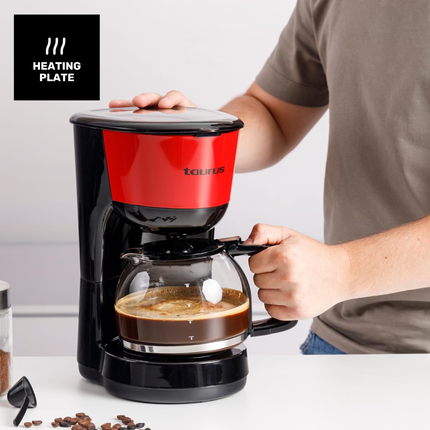 Taurus – Cafetera de Goteo Verona Vintage Red, 12 Tazas, 1000W, Jarra Cristal graduada, Depósito Agua Visible, Filtro Reutilizable, Auto Apagado, Placa calefactora