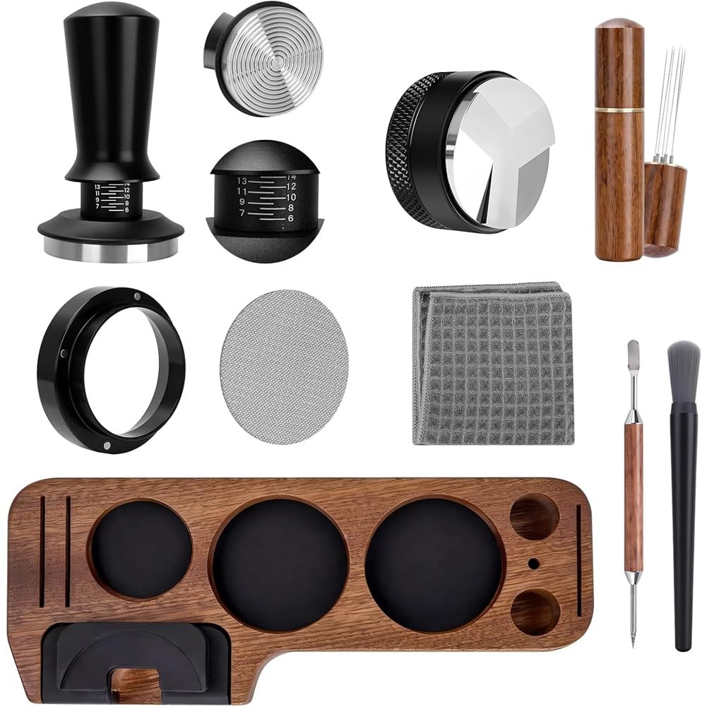 Hndhbfgrt WDT Stirrer, Dosing Funnel& Puck Screen 58mm, 9 Pack Espresso Tamper Station, Coffee Distributor Tamper