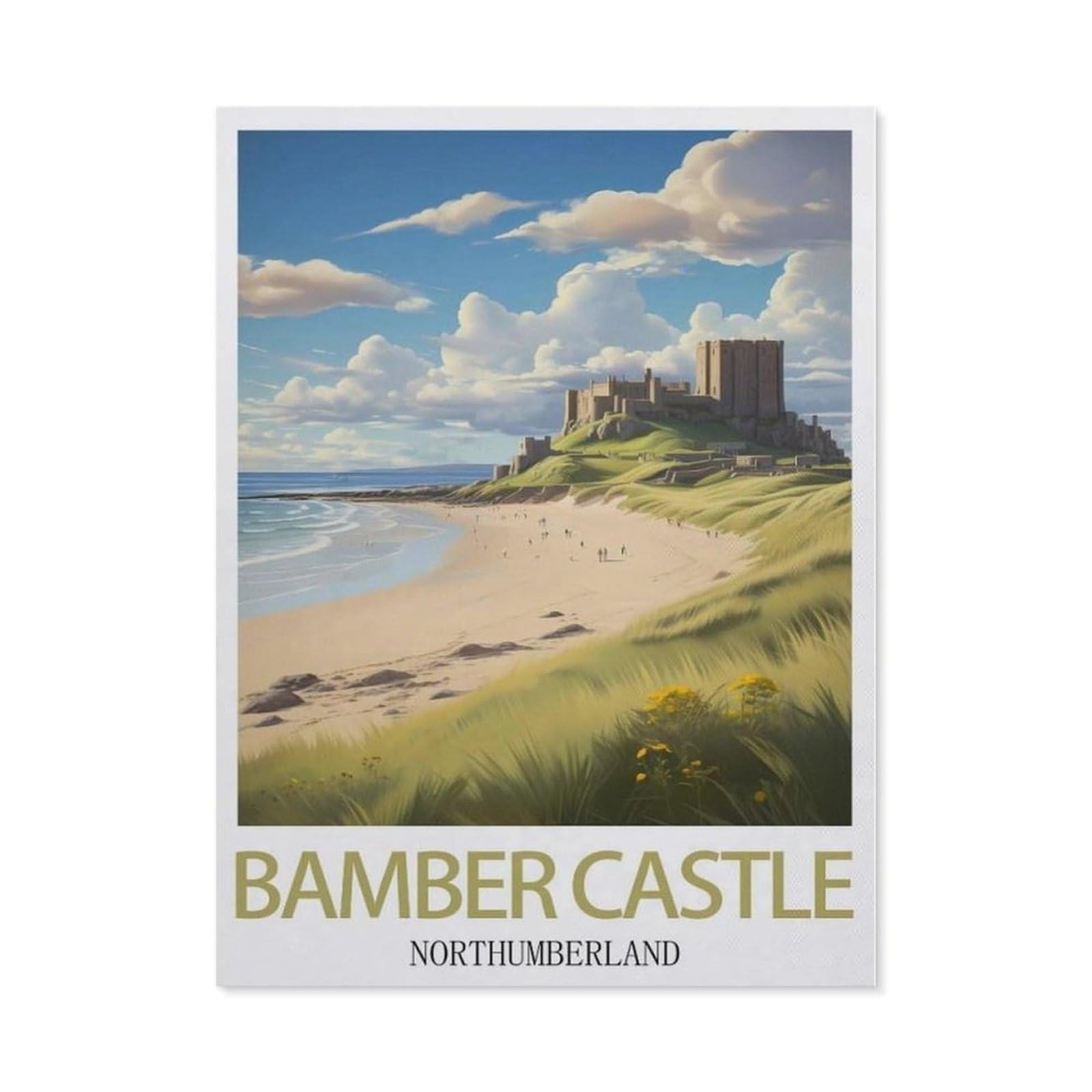 Beayodkp （30 X 40 Cm/11.81 X 15.74 Inches） 5D Diy Diamond Painting Kit，Bamburgh Castle Northumberland Vintage Travel Poster，Crystal Mosaic Full Drill Round Diamond Painting Embroidery Accessories-Cf5