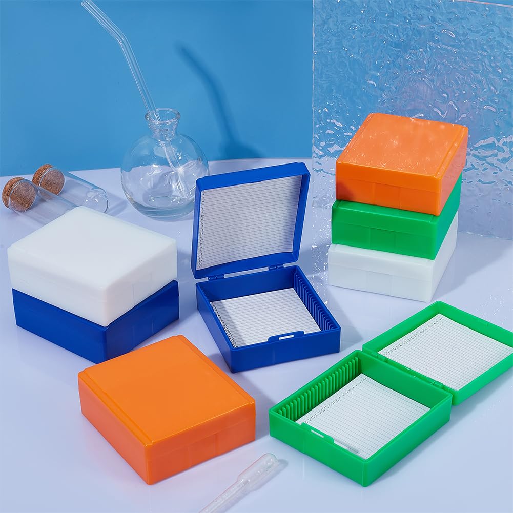 OLYCRAFT 8 unidades de 4 colores de plástico para microscopios, 25 compartimentos, para microscopio de 25 mm x 75 mm, caja de almacenamiento para microscopio de cristal