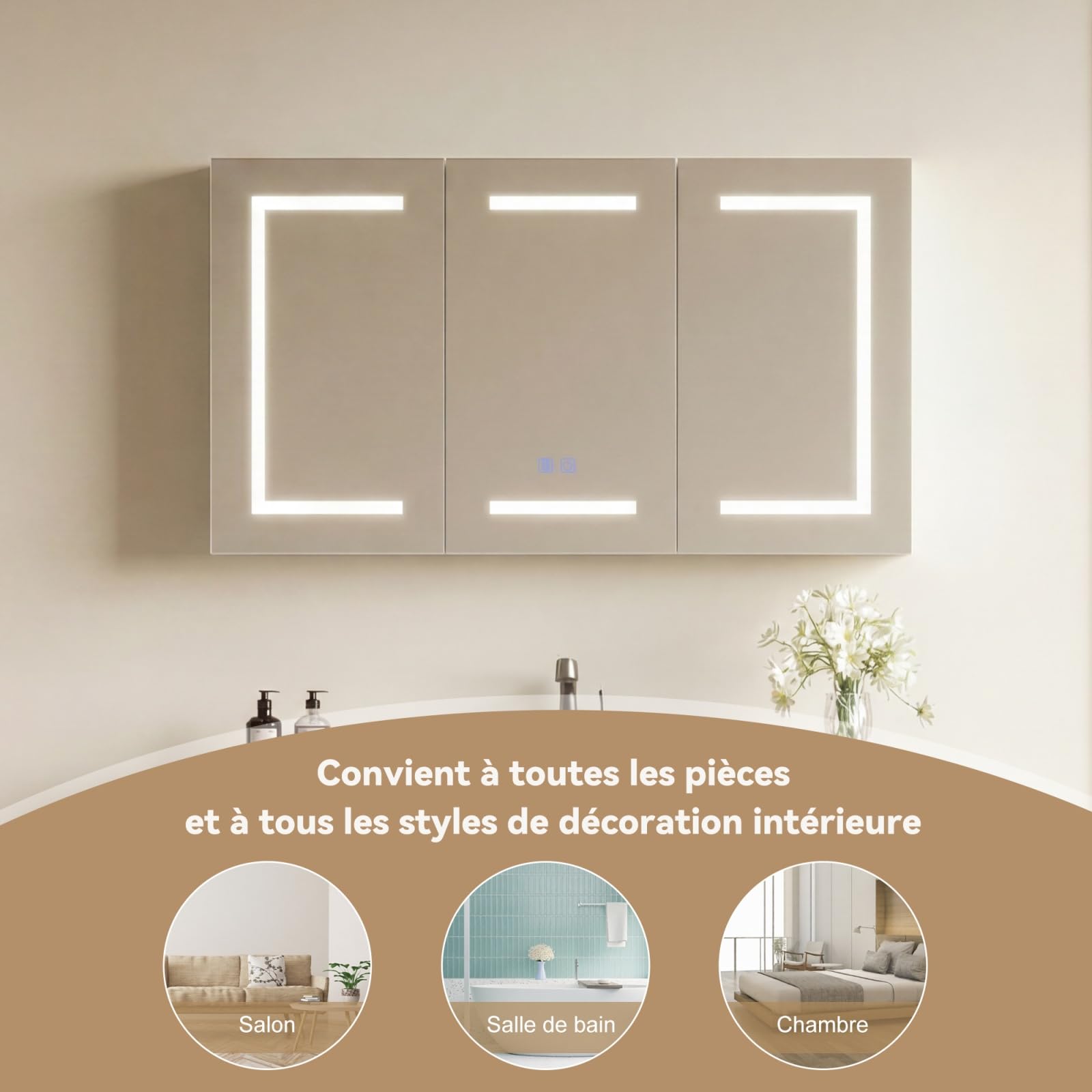 Lustro z oświetleniem łazienkowym LED, lustro łazienkowe LED z 3 drzwiami, regulowana temperatura kolorów, przeciwmgielne, wylot i USB, regulowane półki, podświetlana szafka łazienkowa z