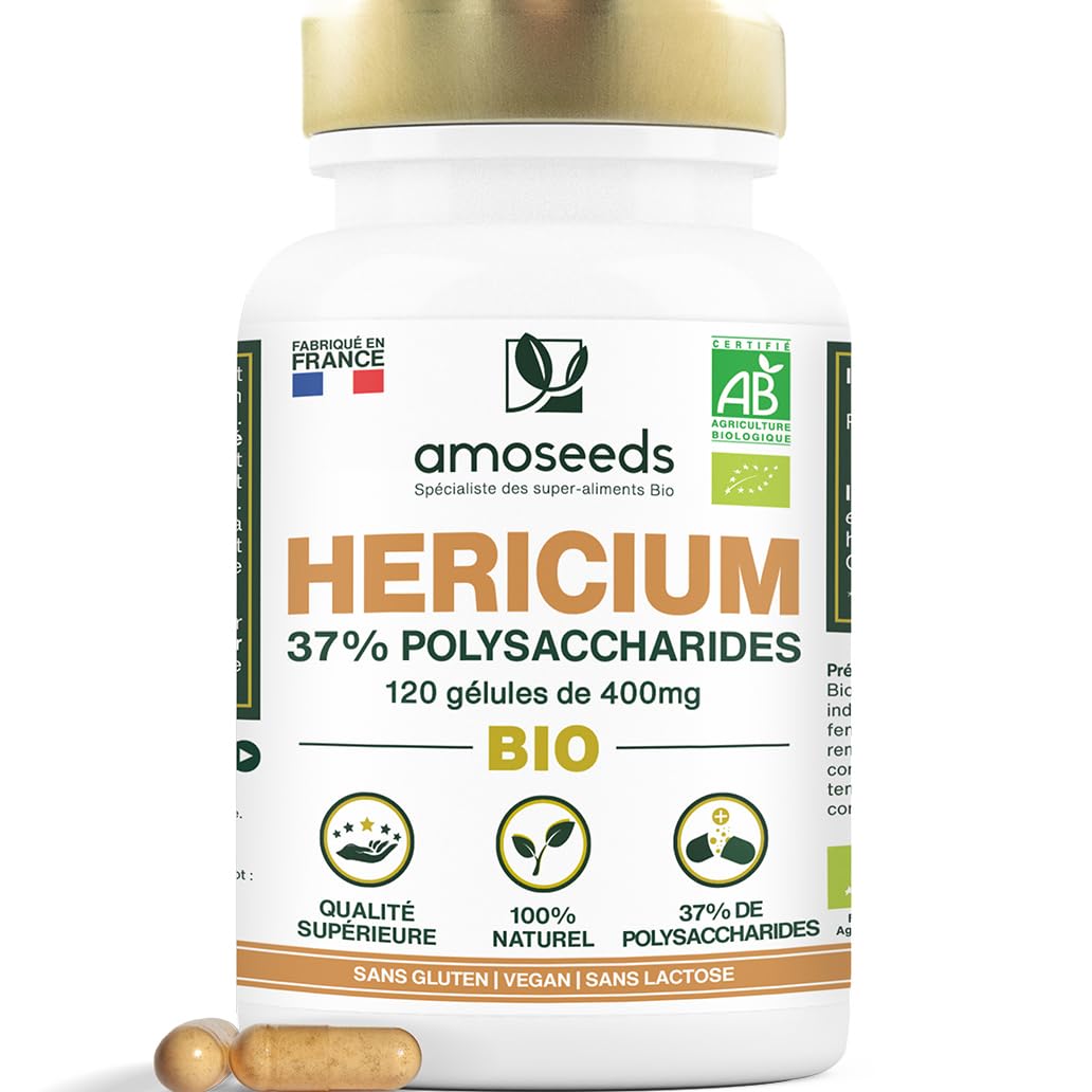Hericium Erinaceus BIO | Champignon de la Mémoire | Hautement Dosé, 37% Polysaccharides | 120 gélules vegan | Lion’s Mane, Vegan, Sans Additifs | Qualité Supérieure | Fabriqué en France