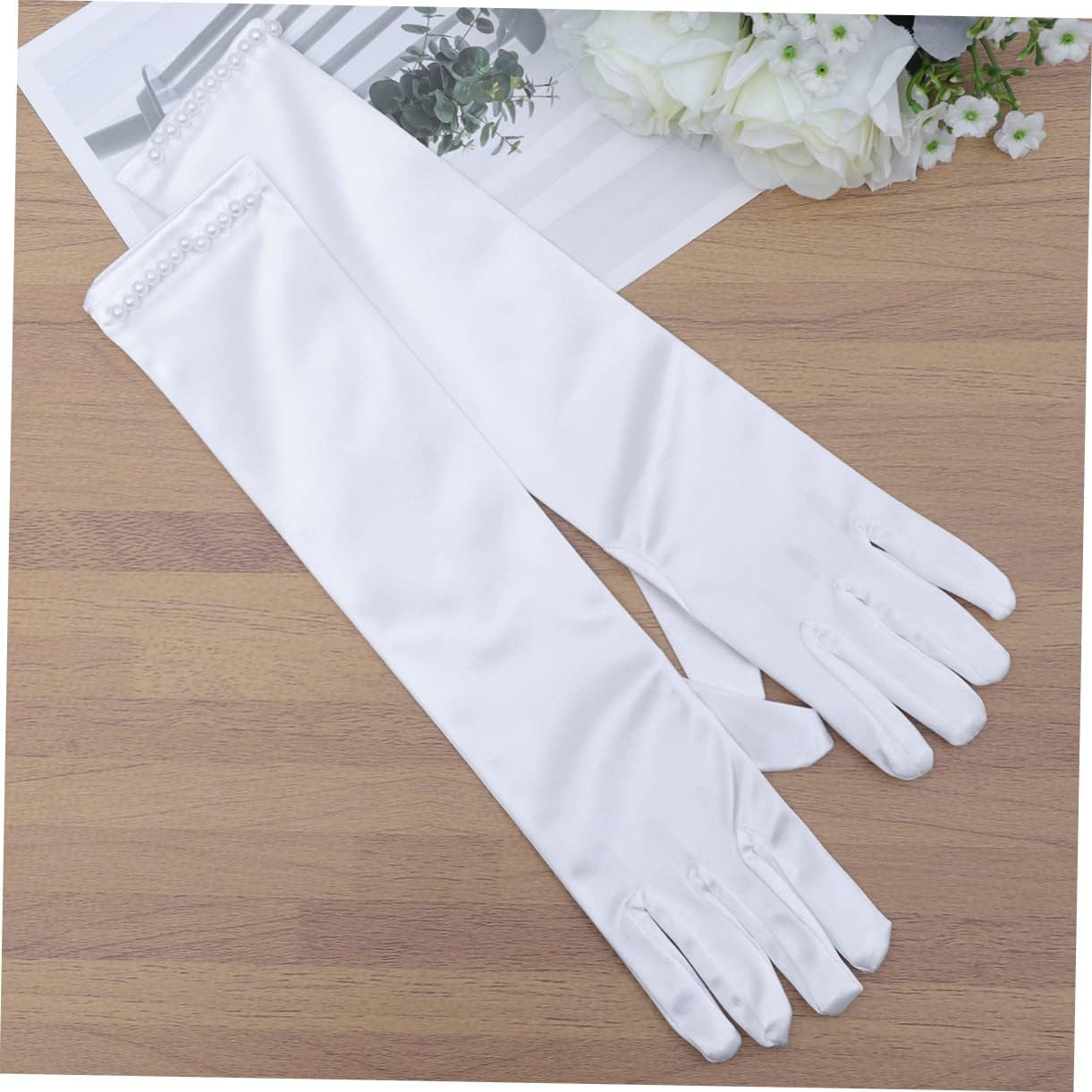 Didiseaon 1Pair Long White Satin Flower Girl Gloves with Pearl Decor Elegant Dress Gloves for Weddings Evening Parties and Special Occasions
