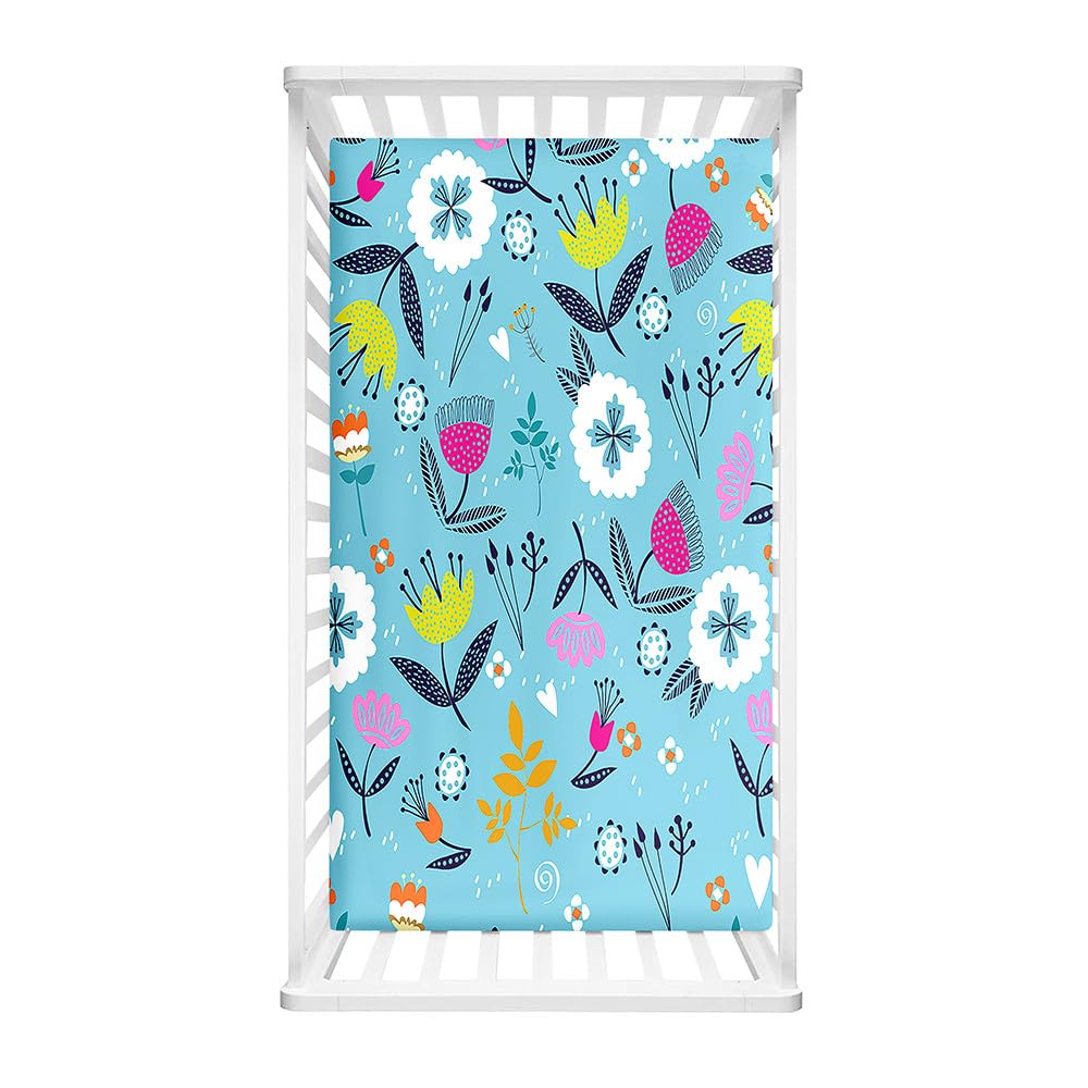 Morbuy Cot Bed Sheets, Bedside Cribs Fitted Sheets Newborn Pram Sheets Fitted, Crushed Flower Print Microfiber Cot Bed Mattress Protector, Bassinet Sheets, Easy Care (80x40cm,Lake Blue)