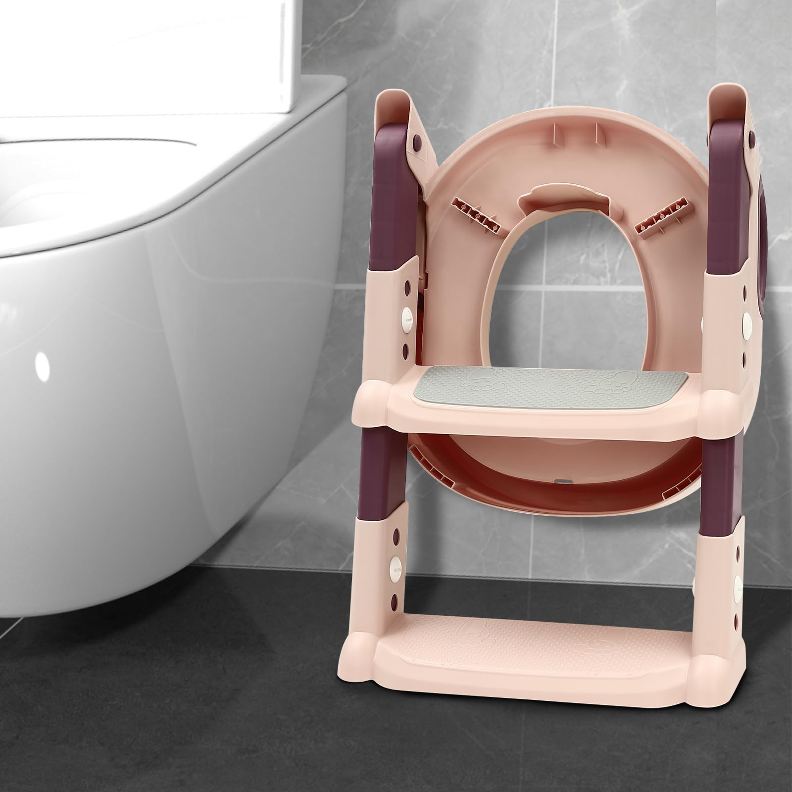 Sedile WC per bambini con scale, regolabile in altezza, pieghevole, con scale, sedile WC per bambini, con pedali antiscivolo e cuscino in poliuretano, per bambini dai 2 ai 7 anni (rosa)