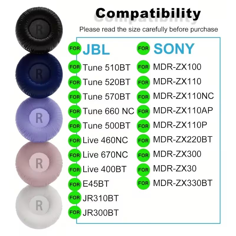 Image of Street27 Earpad Cushion Compatible with JBL C300SI, T250SI, T450, T460BT, T600, T500BT, 520BT Headphones, Frog Leather & Soft Memory Foam 70mm Ear Pads Cushions (Black)