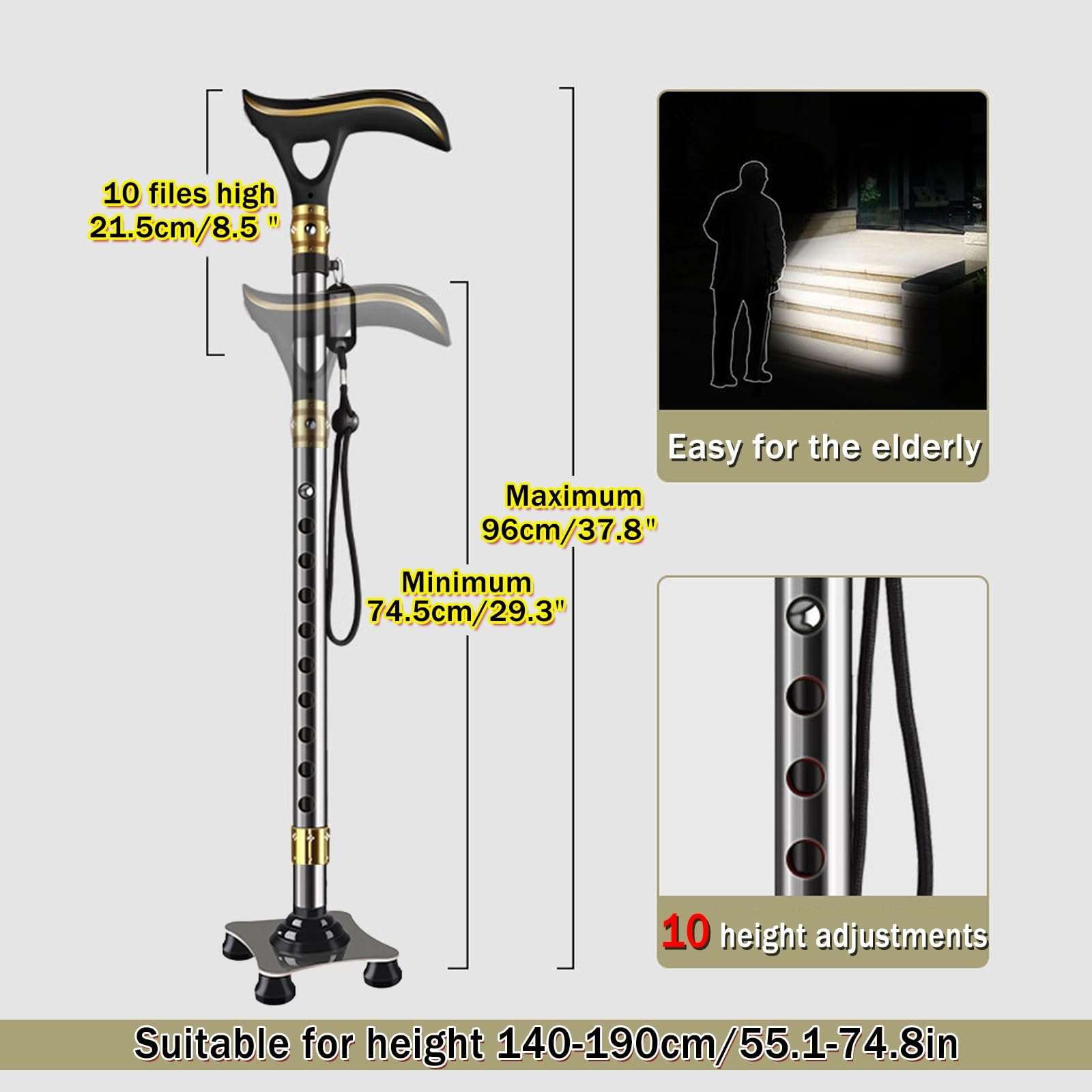 DELURA Muletas Adulto, Saldo BastóN de Paseo, Bastones para Mayores, Regulables Aluminio, BastóN con Luz para Hombres Y Mujeres