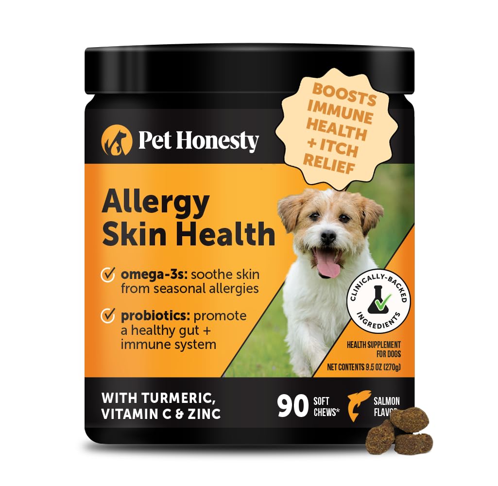 Allergy Skin Health – Allergy Itch Relief & Immune Support Chews with Fish Oil, Probiotics, & Vitamin E – Helps Reduce Normal Shedding, Soothe Sensitive Skin, & Digestive Health (Salmon Flavor, 90 Ct)