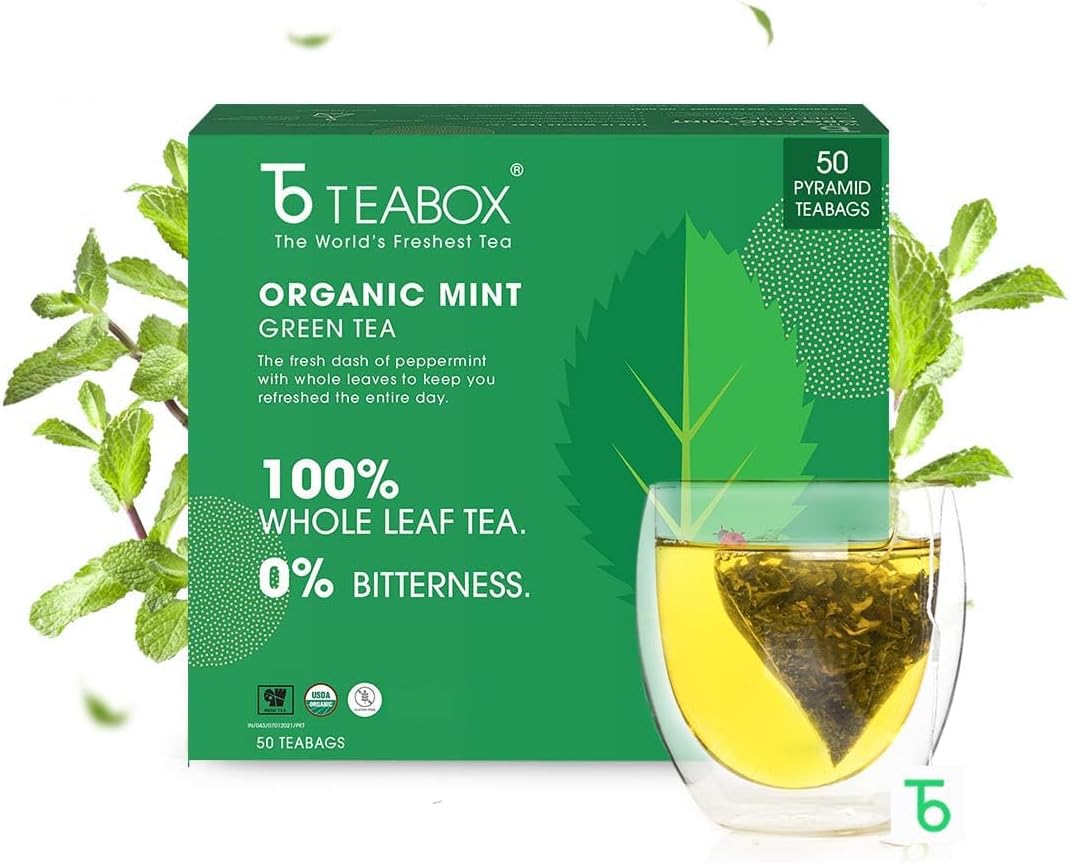 Teabox Organic Green Mint Tea 50 Teabags | Exotic Blend of Premium Green Tea and Real Peppermint Leaves | Boosts Immunity | Silken Pyramid Teabags, 0.2 Kg