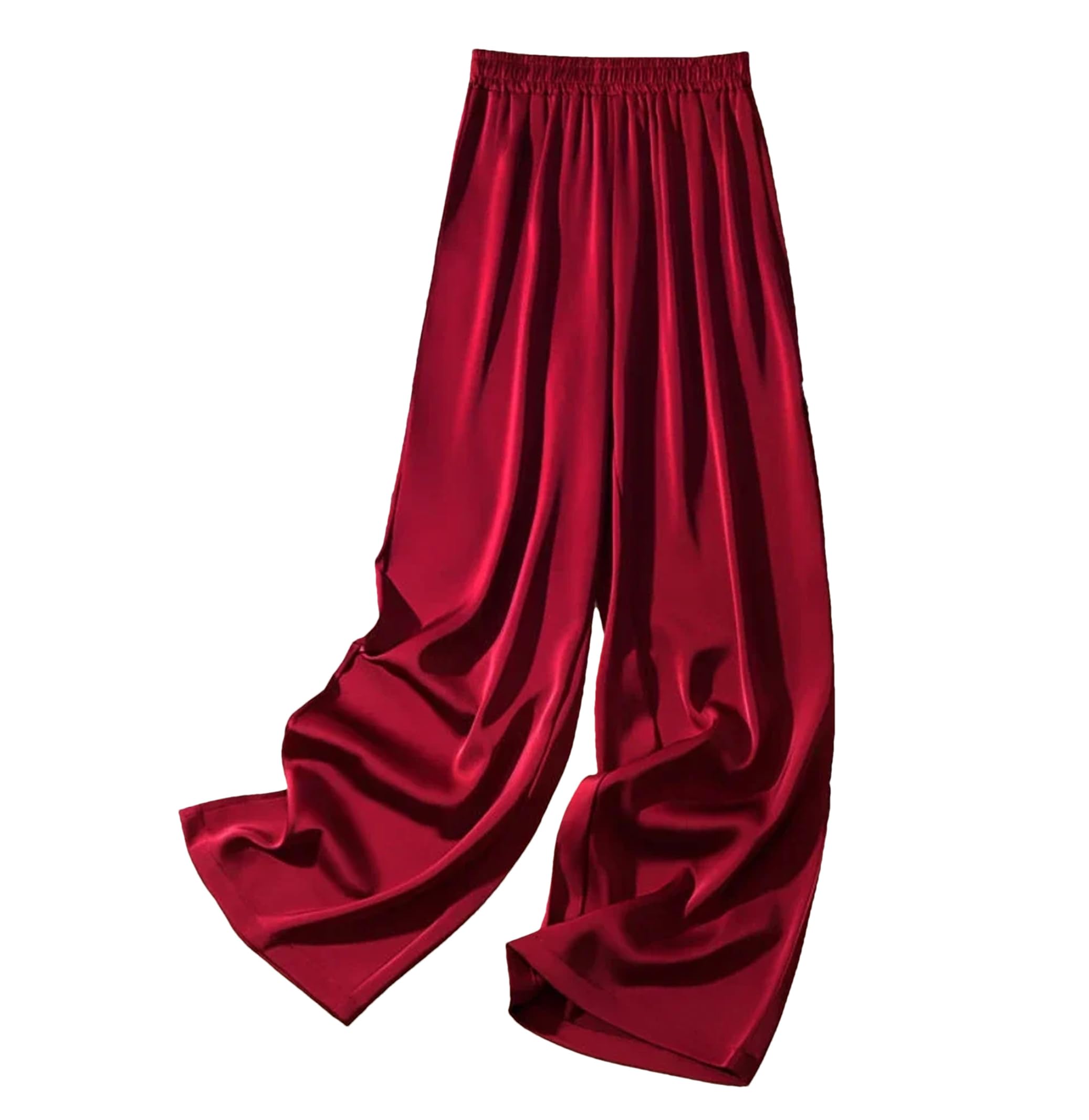 Womens Ice Silk Wide-Leg Pants Summer Elastic Waist Satin Straight Trousers Solid Loose Casual Pants
