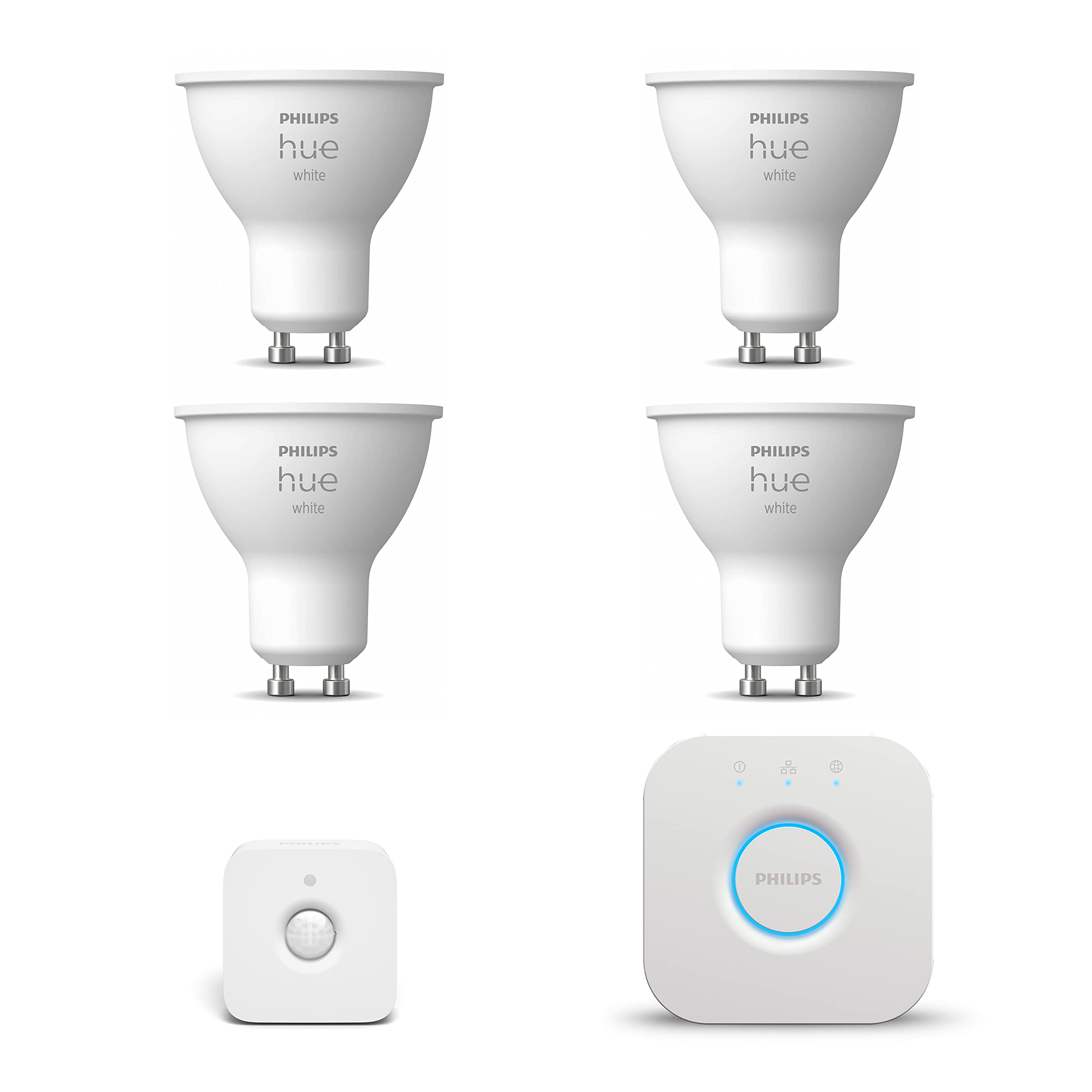 Philips Hue Kit de inicio GU10 con 4 focos - Luz blanca cálida - Incluye 1 Hue Bridge, 1 detector de movimiento Hue para exteriores - Hue White